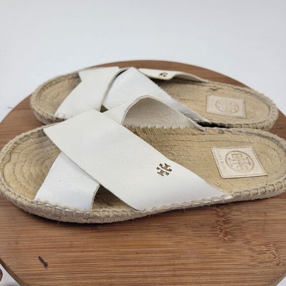 Tory Burch Bima White Leather Espadrille Slide Flats Womens Size 10 Beach - Picture 3 of 13